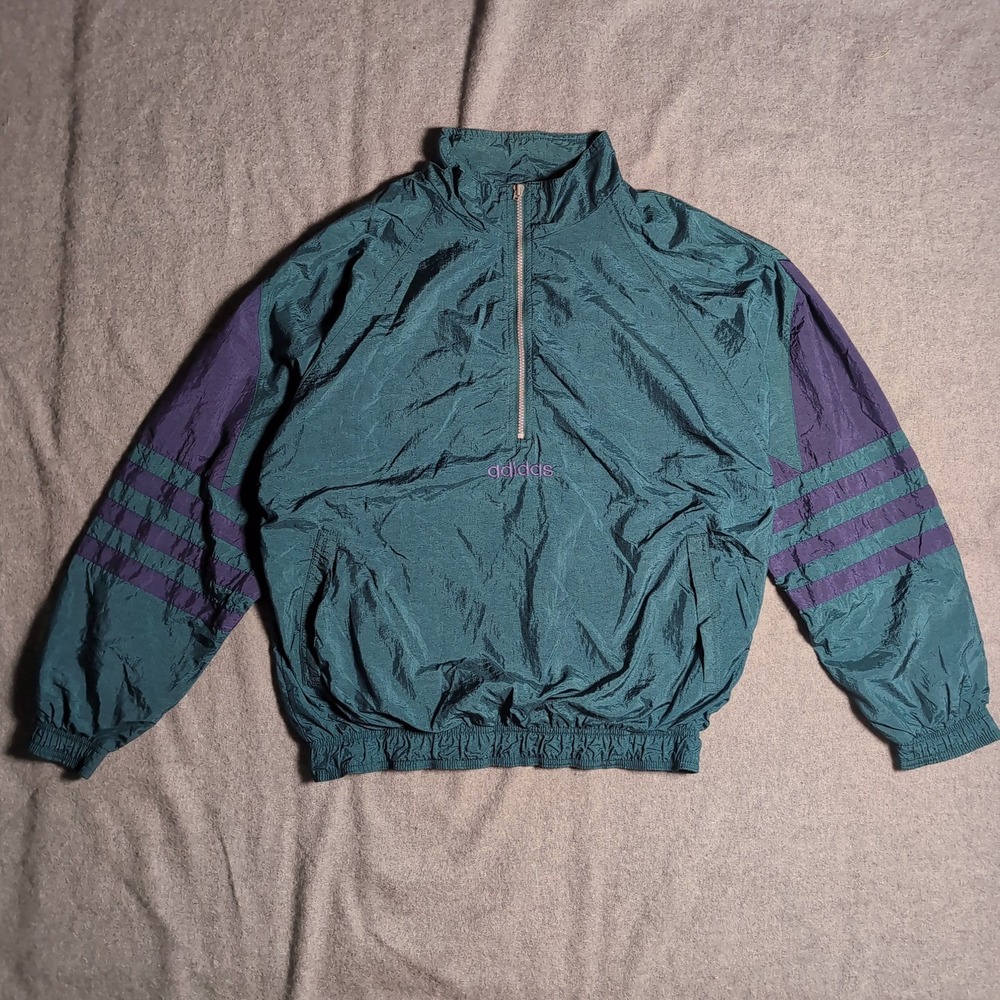 Vintage Adidas Mens Teal Purple 1/4 Zip Windbreaker Jacket Size M RN 88387